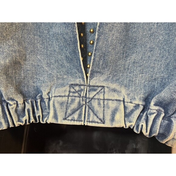 Vintage 80s Cropped Denim Jacket Studded Rhinestone Buttons USA Made Opal Size S - Picture 8 of 16